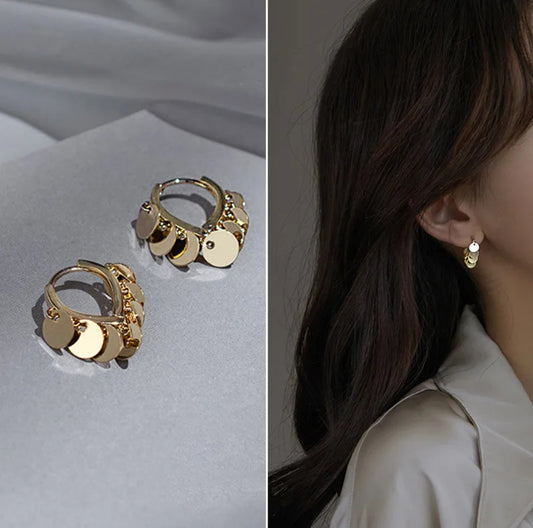 Gold Disc Dangle Hoop Earrings