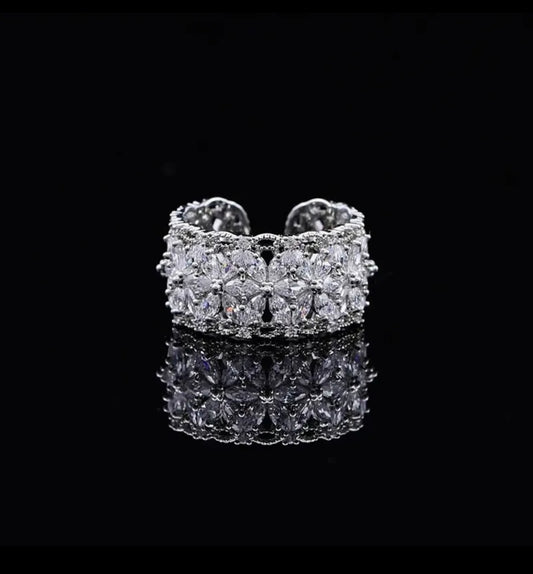 Floral Cluster Diamond Band Ring in Silver Tone