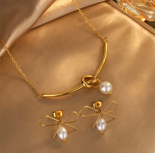 “Elegant Gold Knot Pearl Jewelry Set – Necklace & Bow Earrings 304 stainless steel 18k gold plated