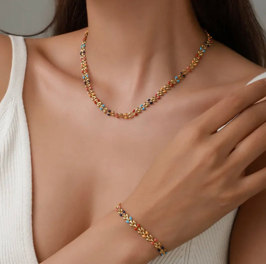 Pastoral leaf necklace and bracelet 304 stainless steel 18k gold plated