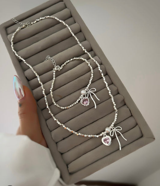 Fairy style heart shape bow knot necklace and bracelet