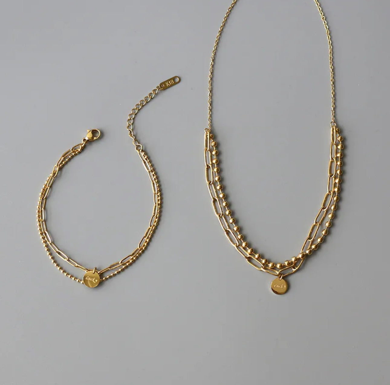 Classic style 304 stainless steel 18k gold plated bracelet and chain set