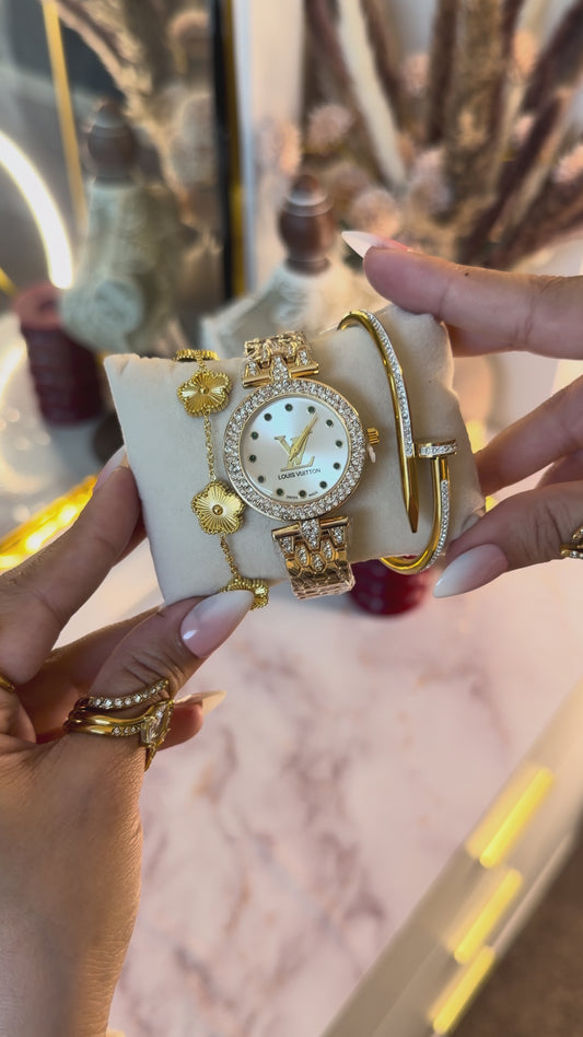LV luxury combo for every look in perium quality stainless waterproof with 18k gold plated bracelet